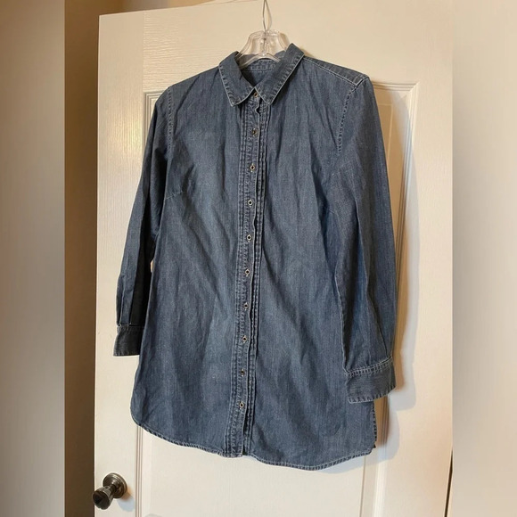 CHICO’S Women’s Size 1 (8-10) Blue Button Front Long Sleeve Denim Shirt Dress - Picture 2 of 8